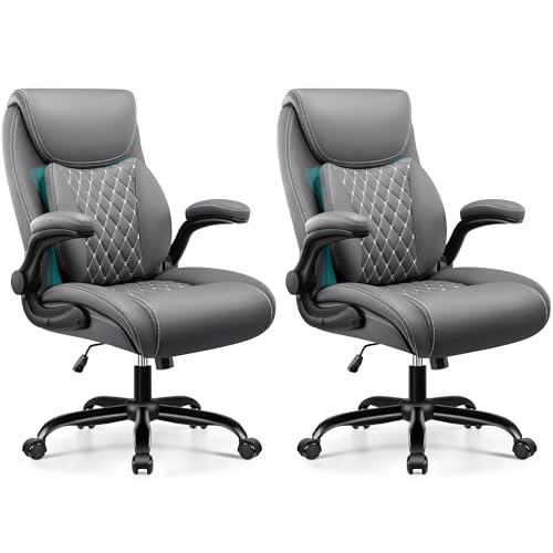 Ergonomic Office Chairs with Lumbar Support for Back Pain Relief | Executive Leather Home Chair Comfy with Padded Flip-up Armrests, Gray, 2-Pack - color: Grey, size: 2 Pack