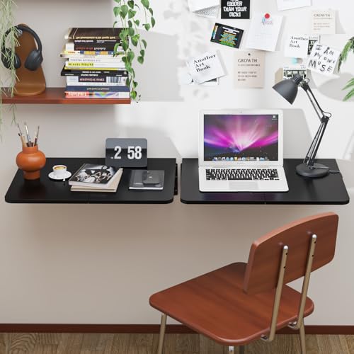 TEAMIX Wall Mounted Folding Table for Small Spaces, Black Floating Desk | Heavy-duty Brackets, 22 x 15.7 inch, Space-saving, Use as Home Office Desk, Laundry Shelf, Drop Leaf Table for Kitchen/RV - color: Black, size: 22"W x 15.7"D