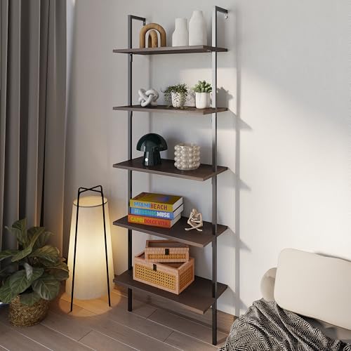 happimess Madera 5-Shelf Wall Mounted Bookcase 72.05", Brown/Black - color: Brown, size: 5-Tier 72.05"