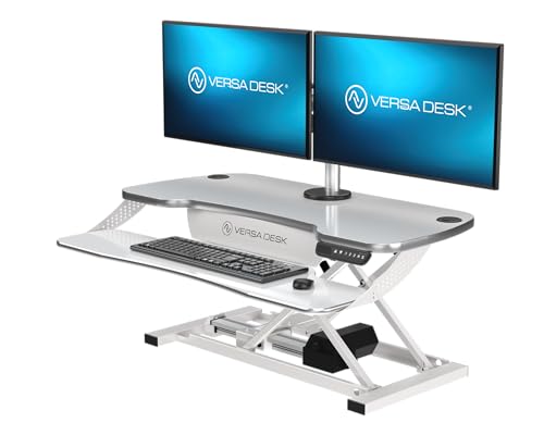 VERSADESK PowerPro Elite 36” x 24" – App Controlled Electric Standing Desk Converter w/USB Charging Port. Raises up to 20”. Fully Assembled – Includes LED Lights. Supports 80 lbs. – White - color: White, size: 36" Wide