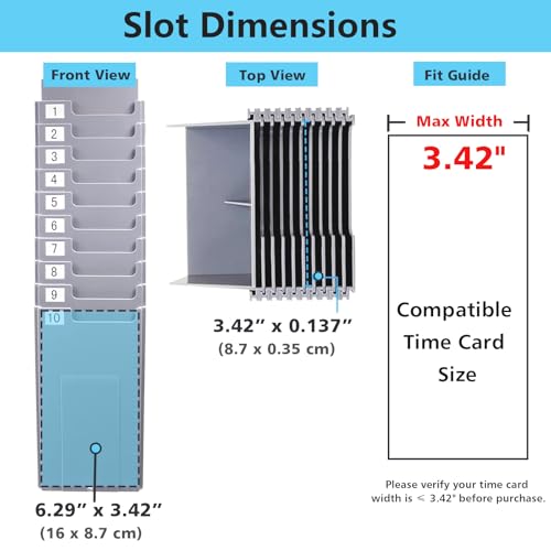 NADAMOO 10-Slot Time Card Holder, Wall-Mounted, Retractable and Expandable Plastic Punch Card Rack, Compatible with Time Clock and Attendance Recorder for Office Business, Grey.