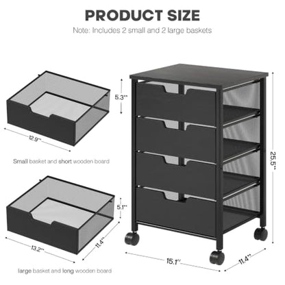 Rolling Cart with Drawers, Wooden Top and Front | Metal Under Desk Storage Cart with 4 Drawers and Wheels, for Office, Bedroom, Classroom, Home, Black - color: Black