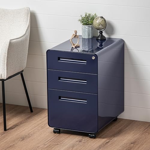 Laura Davidson Furniture Stockpile 3 Drawer File Cabinet with Lock - Under Office Desk Metal Filing Cabinet, Legal/Letter File Folders, Wheels and Stationary Feet, Pre-Assembled, Navy Blue - color: Navy Blue
