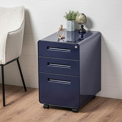 Laura Davidson Furniture Stockpile 3 Drawer File Cabinet with Lock - Under Office Desk Metal Filing Cabinet, Legal/Letter File Folders, Wheels and Stationary Feet, Pre-Assembled, Navy Blue - color: Navy Blue