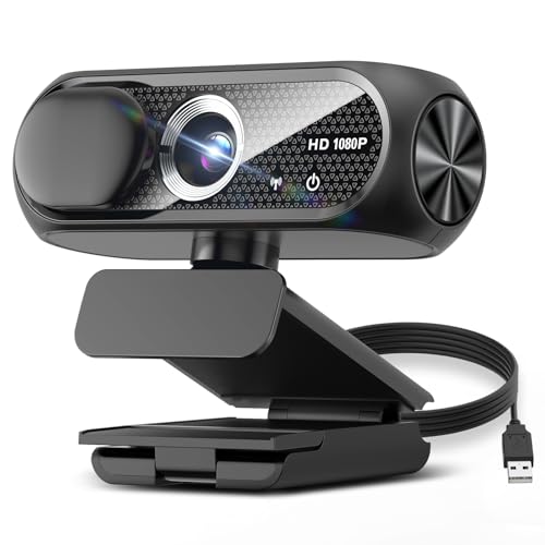 1080P HD Webcam with Microphone, Noise Cancellation, Privacy Cover, Wide-Angle Lens, Auto Light Correction, Plug & Play USB Webcam for Laptop, Desktop, PC, Mac, Zoom, Skype, Streaming (Black)