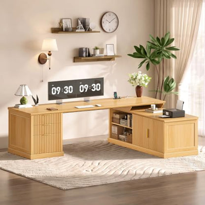 SEDETA Fluted 70.9" L Shaped Desk with Drawers, Fluted Oak - color: Fluted Oak, size: 70.9" L Shaped Desk