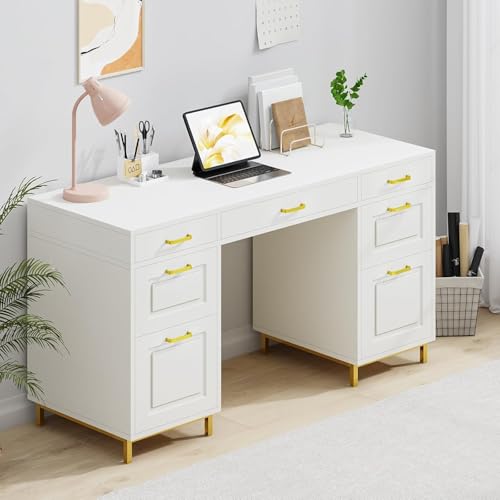MaverickFurni 57" White and Gold Desk with 7 Drawers | Home Office Desk with 2 File Drawers, White Computer Desk with Specious Workspace for Work Writing Study - color: White
