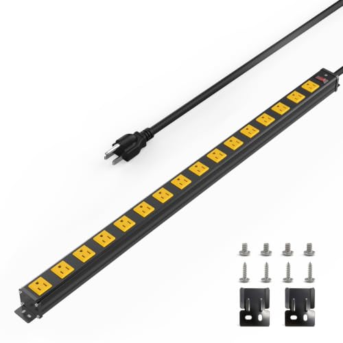 16 Outlets Long Metal Power Strip, 6FT 14AWG Cord | Wall Mount, 1.97 In Wide Spacing, Aluminum Housing, 15A/1875W, Suege Protection, ETL Listed for Garage, Workshop, Classroom - size: 16 Outlets