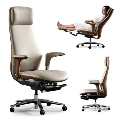 TOMU Executive Office Chair with Foot Rest, Top Grain Genuine Leather Office Chair, Ergonomic High Back Design. Real Leather, Wheels, Alumium Base. Padded Armrest, Luxury and Comfy (Beige) - color: Beige