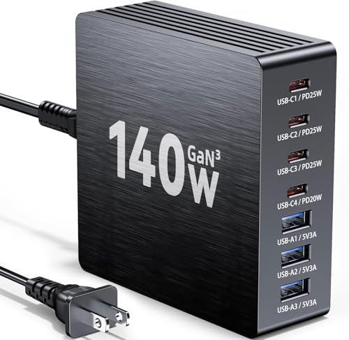 USB C Charging Station, 140W GaN III 7 Port Fast Charger Station, PD 3.0 USB Charging Station for Multiple Devices, Multiple USB C Charger Station for iPad iPhone Samsung Android (1 Pack, Black) - color: Black