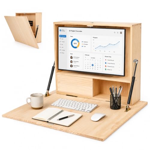 31 Inch Wall Mounted Folding Desk with Storage & Monitor Mount, Floating Fold Down Desk with Dual Gas Struts, Lockable Space Saving Desk, 200 lb Capacity for Home Office, Bedroom and Apartments