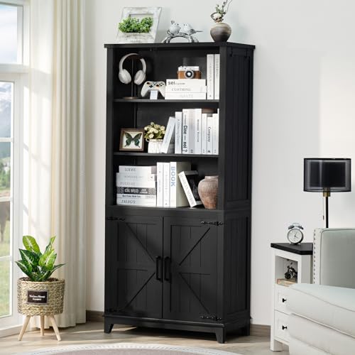 Joaxswe 70in Tall Bookshelf 5 Tier Bookcase with Barn Doors and Adjustable Shelves, Black Farmhouse Book Shelf with Storage Cabinet, Wood Freestanding Display Bookshelves for Bedroom, Living Room - color: Black, size: 1 Piece