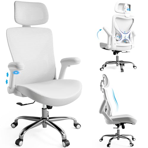 Ergonomic Office Chair:Home Office Desk Chairs with Headrest Lumbar Support | Ergalithic Ergonomic Desk Chair X-Shaped Mesh PU Leather Executive Computer Chair High Back Flip-Up Arms for Long Hour - color: White