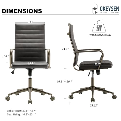 Okeysen Leather Office Desk Chair, Ergonomic Mid Century Modern Conference Room Chairs, Executive Ribbed Height Adjustable Swivel Rolling Chair for Home Office. - color: Metal