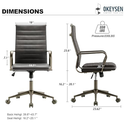 Okeysen Leather Office Desk Chair, Ergonomic Mid Century Modern Conference Room Chairs, Executive Ribbed Height Adjustable Swivel Rolling Chair for Home Office. - color: Metal
