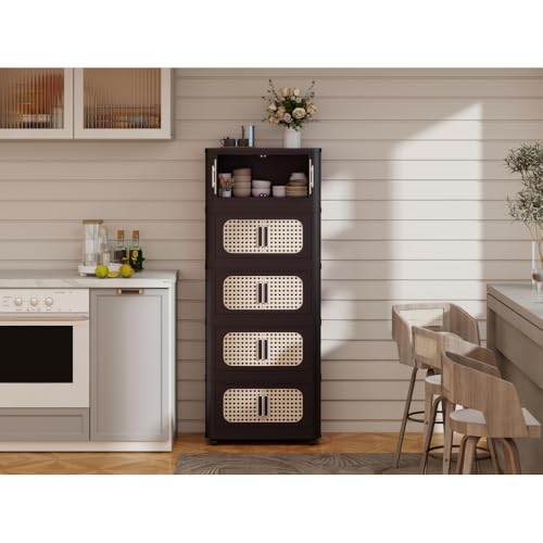 Storage Cabinet Organizer, 20" Retro Brown 5-Tier Plastic Folding Utility Cabinet with Magnetic Door, Collapsible Bins and Wheels for Home Office Bedroom