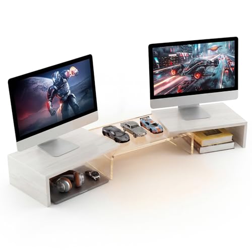 Dual Monitor Riser, Acrylic Monitor Riser, Adjustable Angle & Length Computer Monitor Stand, Wide Desk Shelf for Top of Desk for Home Office_White Maple Look Small - color: White Maple, size: 36 in