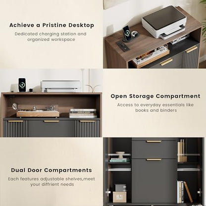 ModernMate Fluted Mobile File Cabinet with Charging Station | 37" Rolling Storage Cabinet with 3 Drawers, Printer Stand with Wheels for Home Office, Black Walnut - color: Black Walnut