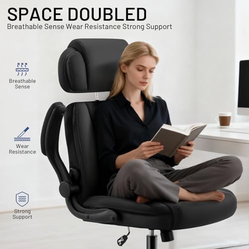 Ergonomic Office Chair with Lumbar Support, 400lbs Heavy Duty Big and Tall Executive Desk Chair, PU Leather High Back Computer Chair with Flip-Up Arms & Adjustable Headrest, Black - color: Black, size: Adjustable Headrest Office Chair