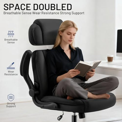 Ergonomic Office Chair with Lumbar Support, 400lbs Heavy Duty Big and Tall Executive Desk Chair, PU Leather High Back Computer Chair with Flip-Up Arms & Adjustable Headrest, Black - color: Black, size: Adjustable Headrest Office Chair