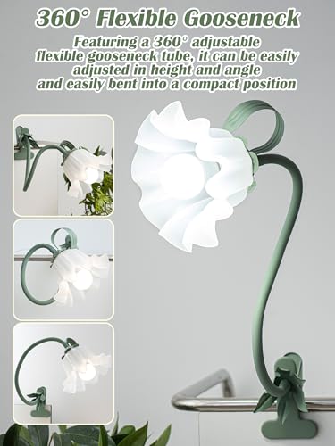 Clip on Light Flower Desk Lamp, LED Reading Light 3 Color Modes Eye-Caring Book Light Flexible Gooseneck Bedside Clip on Lamp for Desk Piano Office Bed Headboard Dorm (Green Lamp) - color: Green Lamp