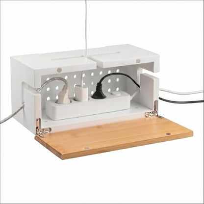 Cable Management Box Bamboo 9.6x5.1x4.3in, White, Wall Mount Kit Included - color: White S