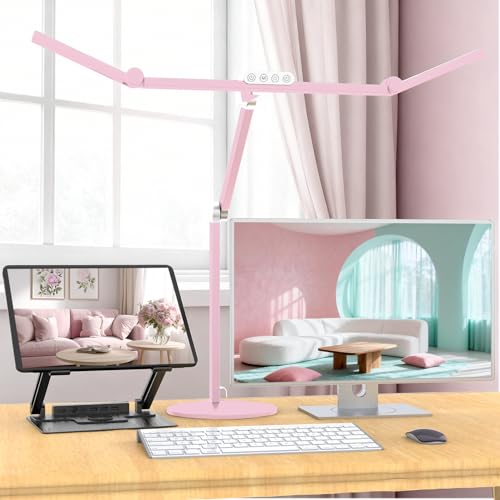 Micomlan Led Desk Lamp with Base, Adjustable Tall Architect Desk Light for Home Office with Flexible Swing Arm, 24W Pink Bright Table Lamp Auto Dimming Computer Light for Workbench - color: Pink