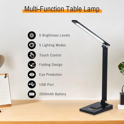 Rechargeable LED Desk Lamp, 800LM 2600mAh Reading Table Lamp - color: Black