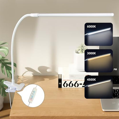 Clip on Desk Lamp with Long Flexible Arm, 3 Color Modes & 10 Dimmable Brightness LED Task Light, USB Powered for Home Office, Sewing, Study, Craft, Easel