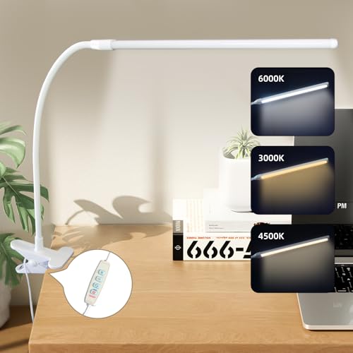 Clip on Desk Lamp with Long Flexible Arm, 3 Color Modes & 10 Dimmable Brightness LED Task Light, USB Powered for Home Office, Sewing, Study, Craft, Easel