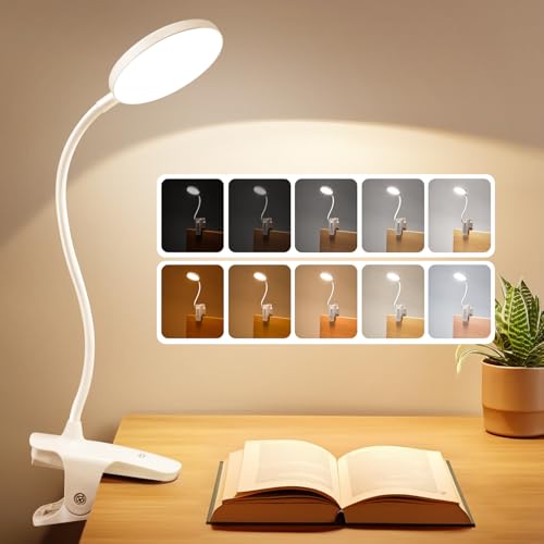 Mubarek Desk Light,3600mAh Battery Operated Light,5 Brightness+5 Color Clip on Reading Lamp,400LM 36 LED Desk Lamp with Clamp,Rechargeable Lamps Cordless Lamps, Reading Lights for Books in Bed,Table - color: White