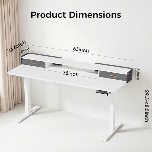 Electric Standing Desk with Drawers, 63 Inch Height Adjustable Desk with Power Outlets & LED Lights, Sit Stand Table with Monitor Stand for Home, Office, White - color: White, size: 63×24 Inch Rectangular with Drawers