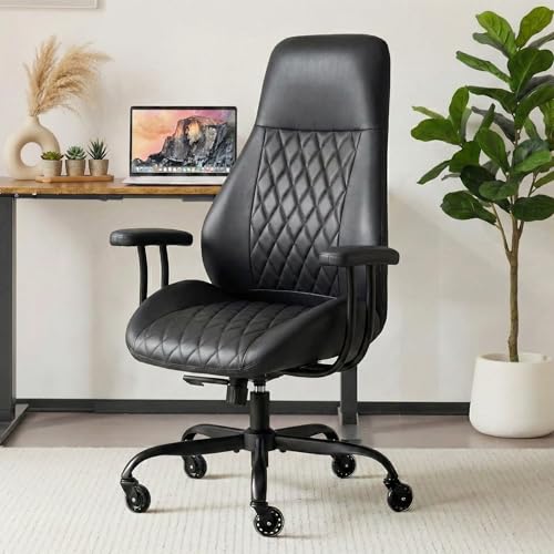 E-Motie Leather Office Chair, Mid Century Modern Desk Chair, Black - color: Black