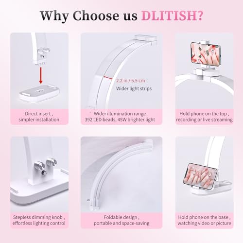 Foldable Half Moon Light for Nail Desk, 31in 45W Nail Desk Lamp with Phone Holder, Half Moon Table Lamp with Stepless Color Temperature Dimmable for Manicure, Handicrafts, Tattoos, Painting(White) - color: White - Half Moon
