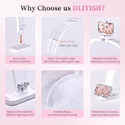 Foldable Half Moon Light for Nail Desk, 31in 45W Nail Desk Lamp with Phone Holder, Half Moon Table Lamp with Stepless Color Temperature Dimmable for Manicure, Handicrafts, Tattoos, Painting(White) - color: White - Half Moon