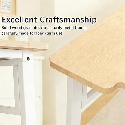 Computer Desk 39.4 Inch Small Office Desk with Wood Top and Metal Frame, Study Writing Desk for Home, Bedroom, Gaming, U-Shaped Leg Design, Modern Simple - color: Frame：white/Board：teak