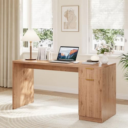 Garvee Executive Desk with Drawer and Power Outlet, 61" Large Farmhouse Computer Desk Home Office Wood Executive Desk with Adjustable Shelf for Work Study Writing, Oak - color: Oak