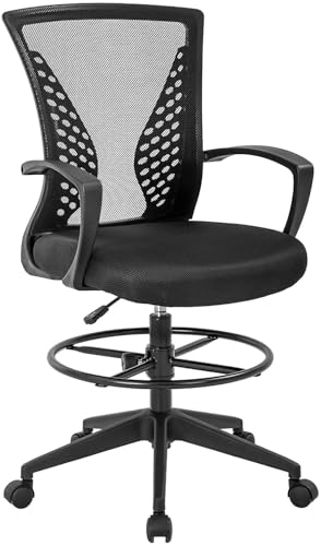 Drafting Chair Tall Office Chair Standing Desk Chair Adjustable Height Reception Office Chair with Lumbar Support & Foot-Ring, Ergonomic Mesh Computer Drafting Stool for Working Standing Desk (Black)