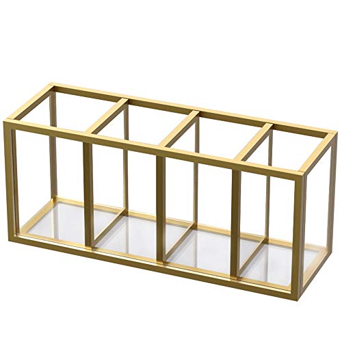 NIUBEE Gold Acrylic Pen Holder 4 Compartments, Desk Office Pencil Cup Desk | Scratch-resistant thick acrylic with 4 slots for pens, pencils, makeup brushes, office, vanity and school use - color: Gold, size: 4 Cube