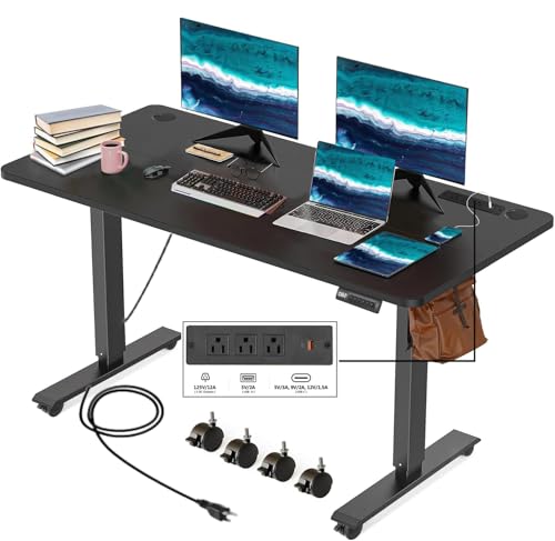 48''×24'' Electric Standing Desk with Power Outlets & Wheels, Black - color: Black, size: 48×24''