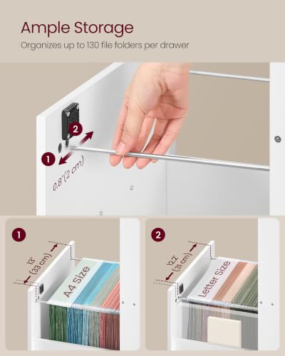 VASAGLE 3 Drawer File Cabinet with Locks, for A4, Letter Sized Documents - color: Cloud White, size: 3 Drawers
