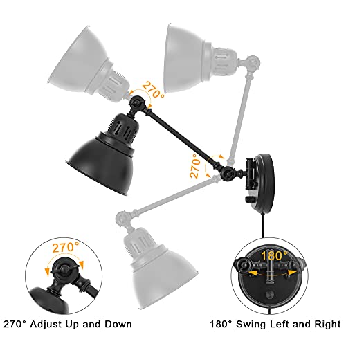 GOODATE Plug in Wall Sconces, Wall Sconce Lighting with Dimmable On Off Switch, Swing Arm Wall Lamp, Black Metal Industrial Wall Light Fixtures, Safety E26 Base, 6FT Plug in Cord - size: Black-1 PACK