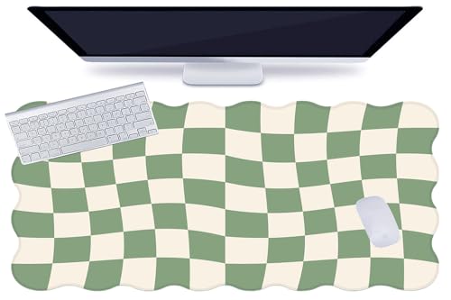 L-SPOUTTO Green Mouse Pad,Geometric Desk Mat XXL Large Scalloped Gaming Mousepad,35.4x15.7in Non-Slip Rubber Base Keyboard Pad Waterproof Desktop Mat for Laptop Computer Game Home Office-Checkered - color: Green Checkered
