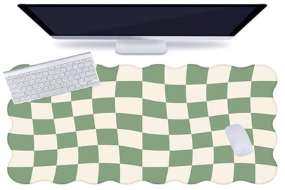 L-SPOUTTO Green Mouse Pad,Geometric Desk Mat XXL Large Scalloped Gaming Mousepad,35.4x15.7in Non-Slip Rubber Base Keyboard Pad Waterproof Desktop Mat for Laptop Computer Game Home Office-Checkered - color: Green Checkered