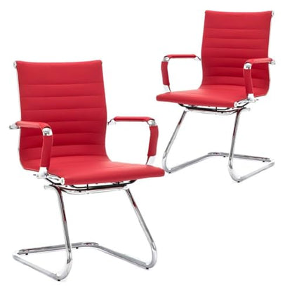 No Wheels Reception Chairs Waiting Room Chair Leather Conference Chairs Back Support Heavy Duty Office Chair with Arm, Set of 2 (Deep Red) - color: Deep Red, size: 2PCS
