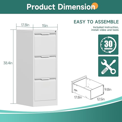 3 Drawer Metal Vertical File Cabinet with Lock for Home Office | 17.8 Inch Depth,38.4 Inch High,Fits A4/Legal/Letter Size File,Easy Assembly,Adjustable Hanging Bar,White - color: White, size: 17.8"D x 15"W x 38.4"H（3 Drawers）