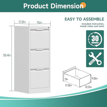 3 Drawer Metal Vertical File Cabinet with Lock for Home Office | 17.8 Inch Depth,38.4 Inch High,Fits A4/Legal/Letter Size File,Easy Assembly,Adjustable Hanging Bar,White - color: White, size: 17.8"D x 15"W x 38.4"H（3 Drawers）
