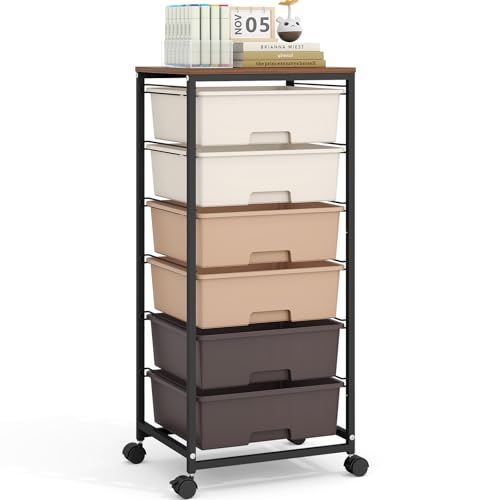 6 Drawer Rolling Storage Cart with Wooden Top and Wheels for Crafts,Brown - color: Brown