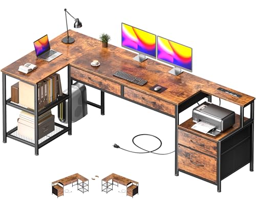 Korfile 65 Inch L Shaped Computer Desk with Power Outlets, Reversible Home Office Desk with 4 Fabric Drawers & 2 Adjustable Mesh Shelves, Corner Study Work Desk with Larger Storage, Rustic Brown - color: Rustic Brown, size: 65 inch