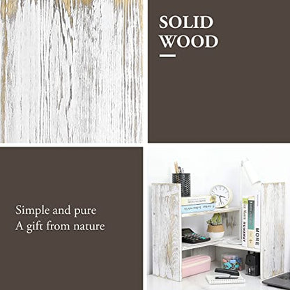 MyGift Adjustable Whitewashed Solid Wood Desktop Storage Organizer Display Shelf Book Rack, Office Desk Bookshelf - color: Whitewashed